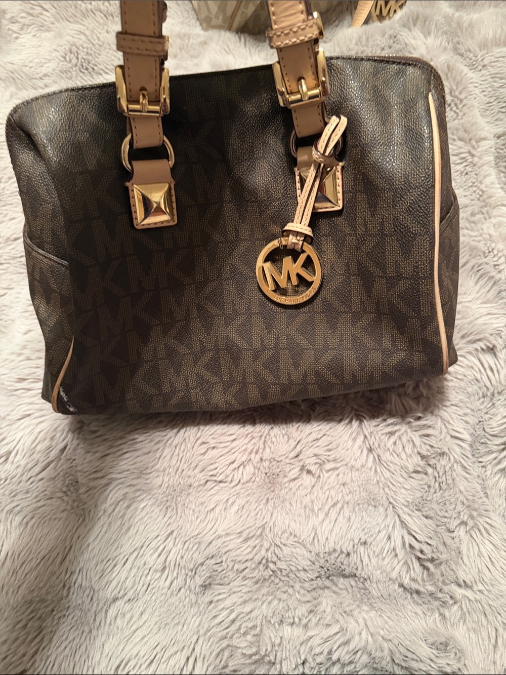 Michael Kors Brown MK Monogram Satchel with Tan Trim and Gold Hardware